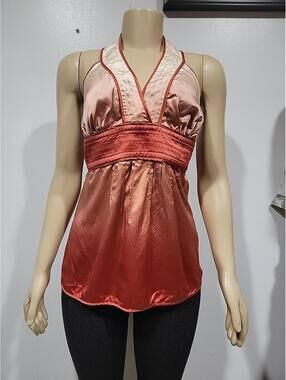 YA-YA 100% Silk Orange Ombre Halter Size L Cinched Satiny Top #1